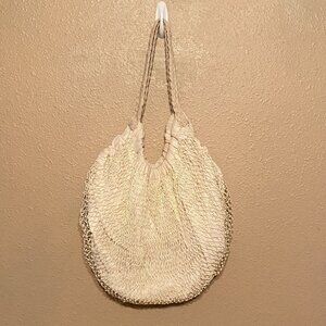 Cream Mesh Bohemian Hobo Shoulder Bag with Snap Closure